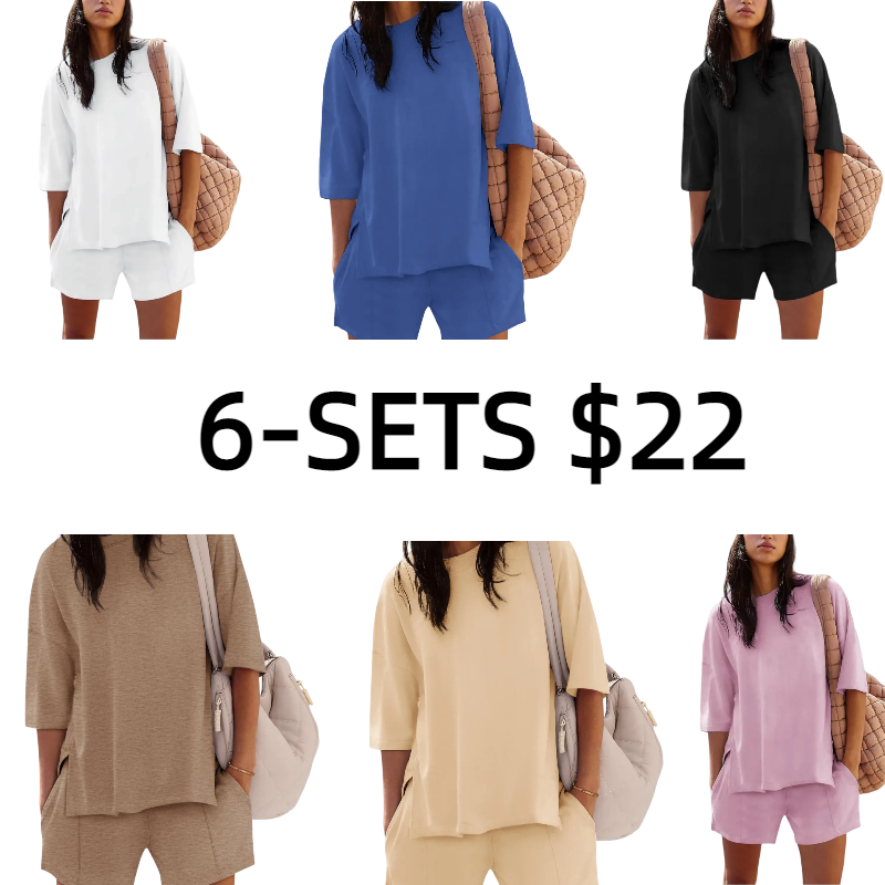 2026 Womens Shorts Sets 2 Piece Outfits Summer Half Sleeve Crew Neck Lounge Sets Matching Clothing