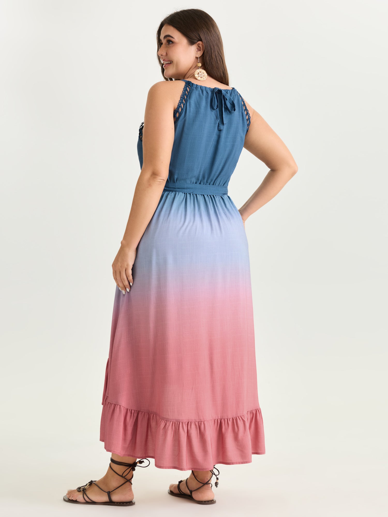 Ombre Color Blend Lace Trim Maxi Dress