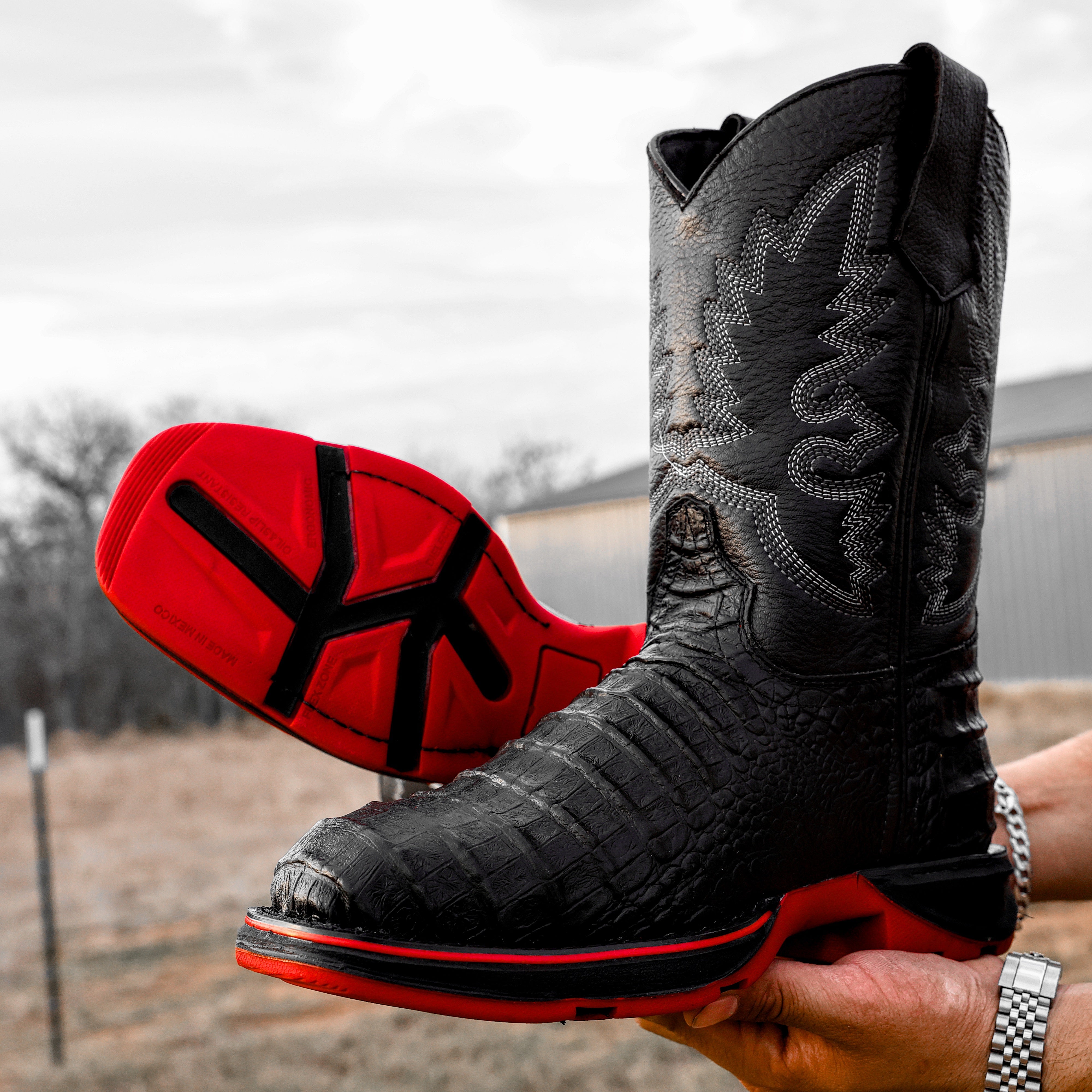 Black Caiman Belly Leather Boots - Composite Toe