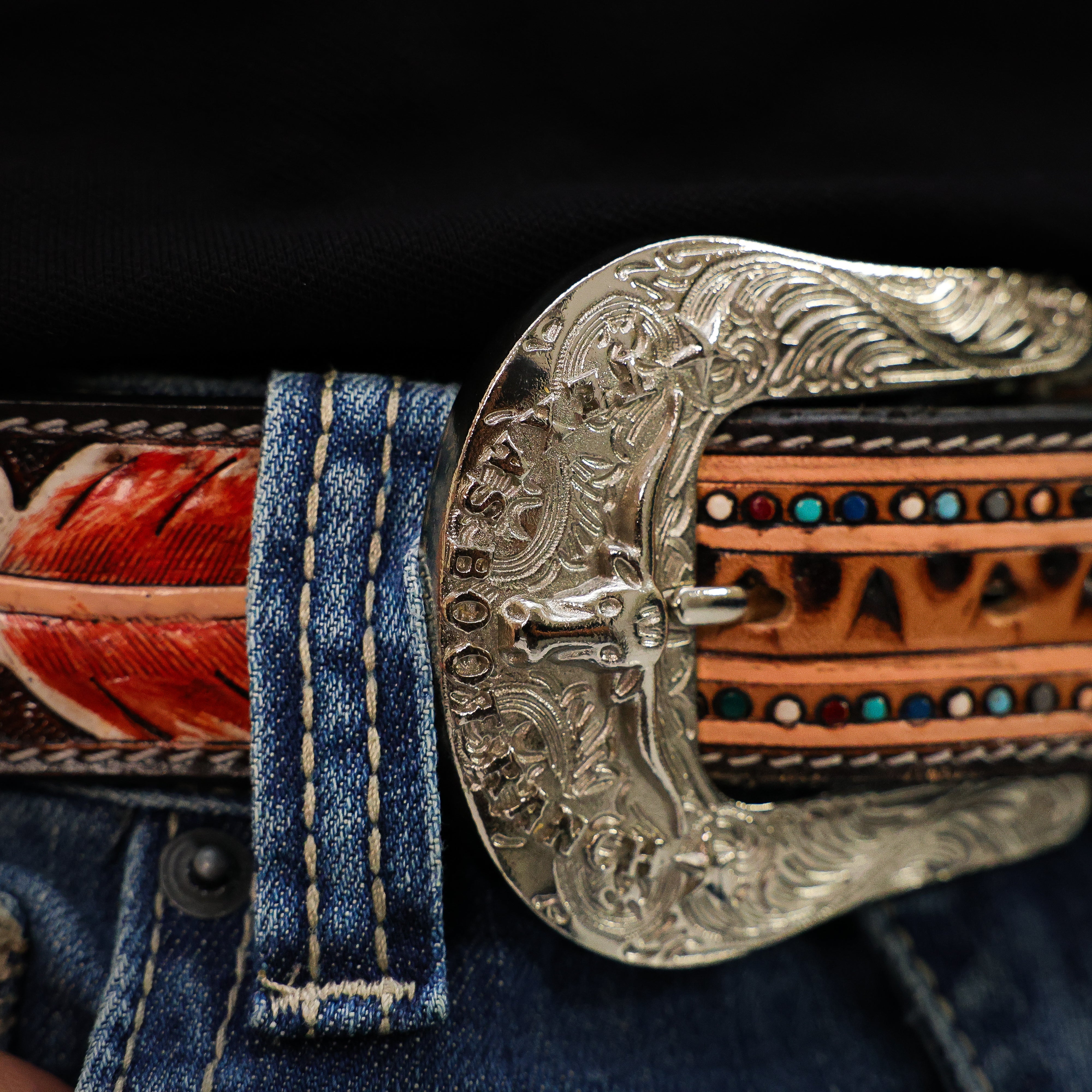 Hand-Tooled Artesanal Beaded Leather Belt