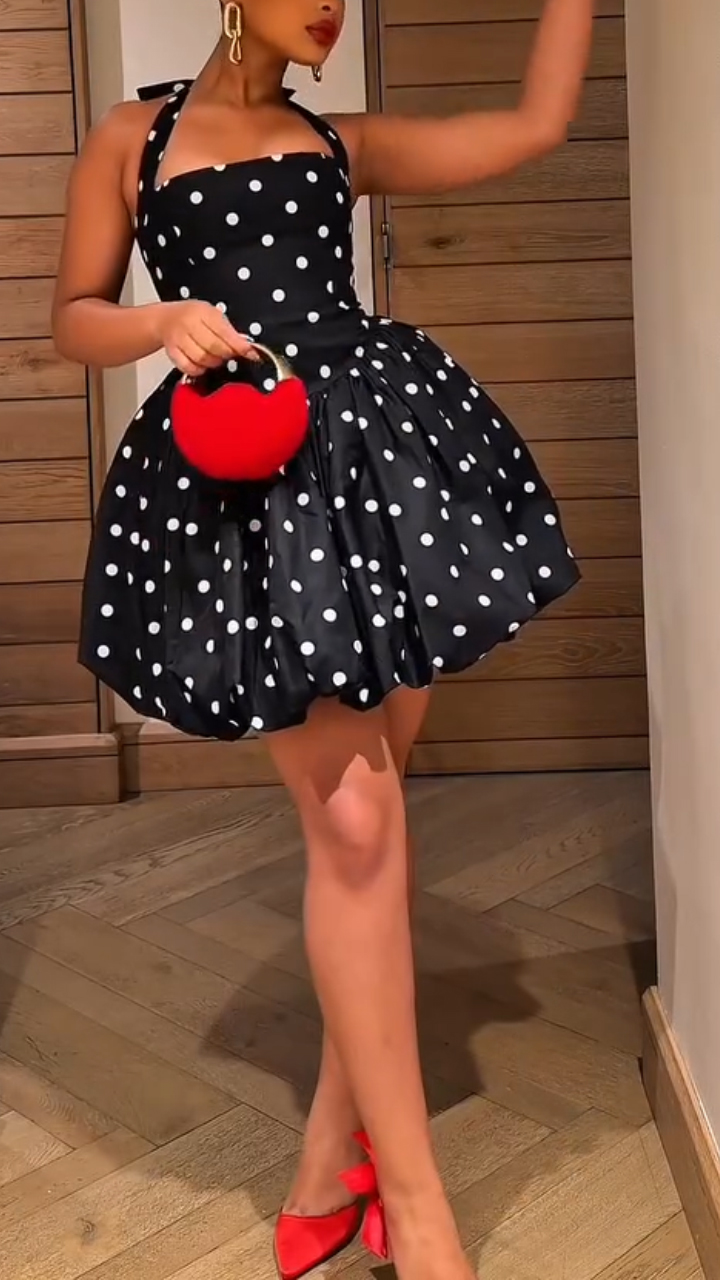 Womens Neck Hanging Polka Dots Elegant Temperament Dinner Party Style Dress