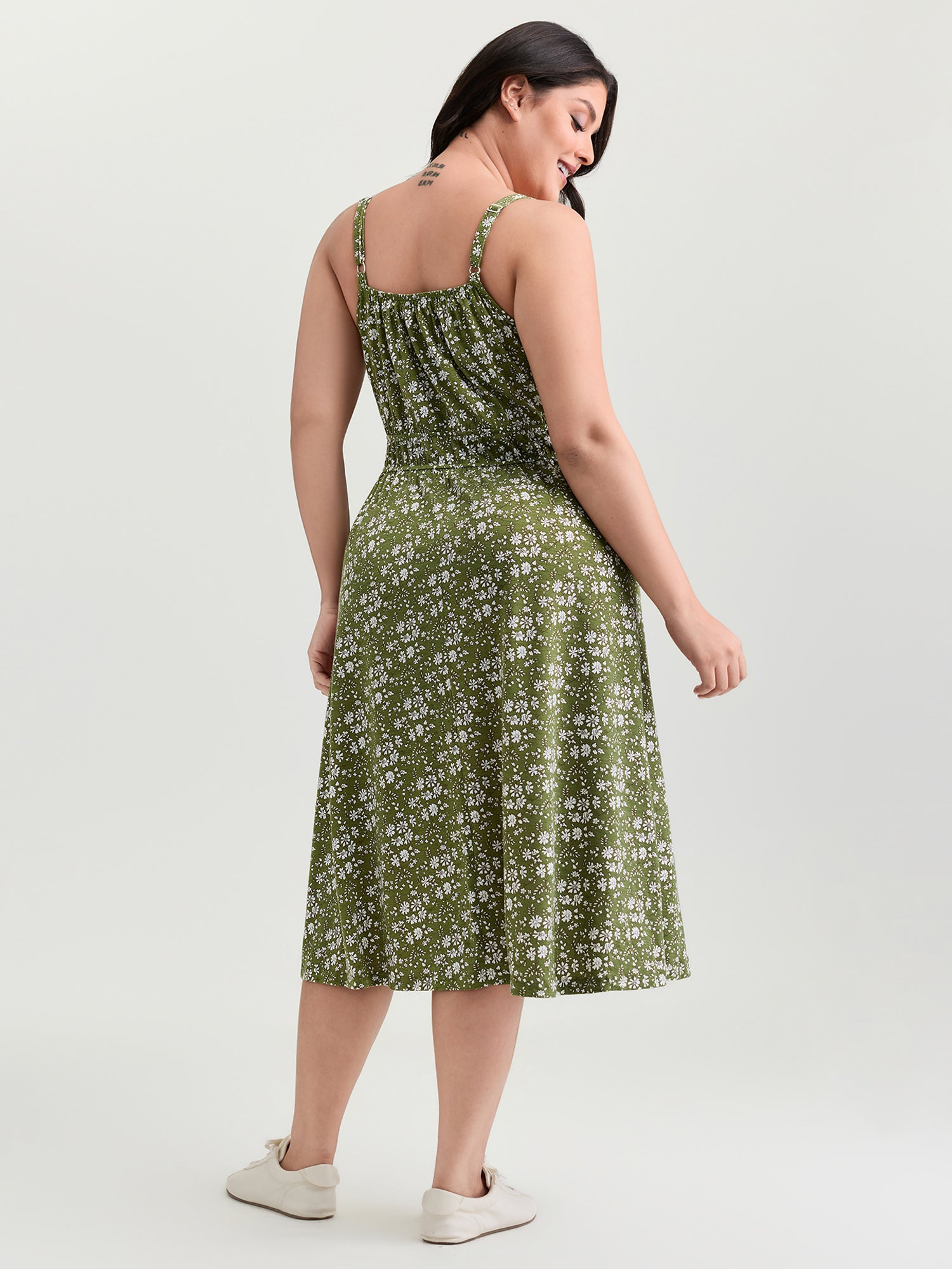 Dense Floral Print Cinched-Waist Midi Dress