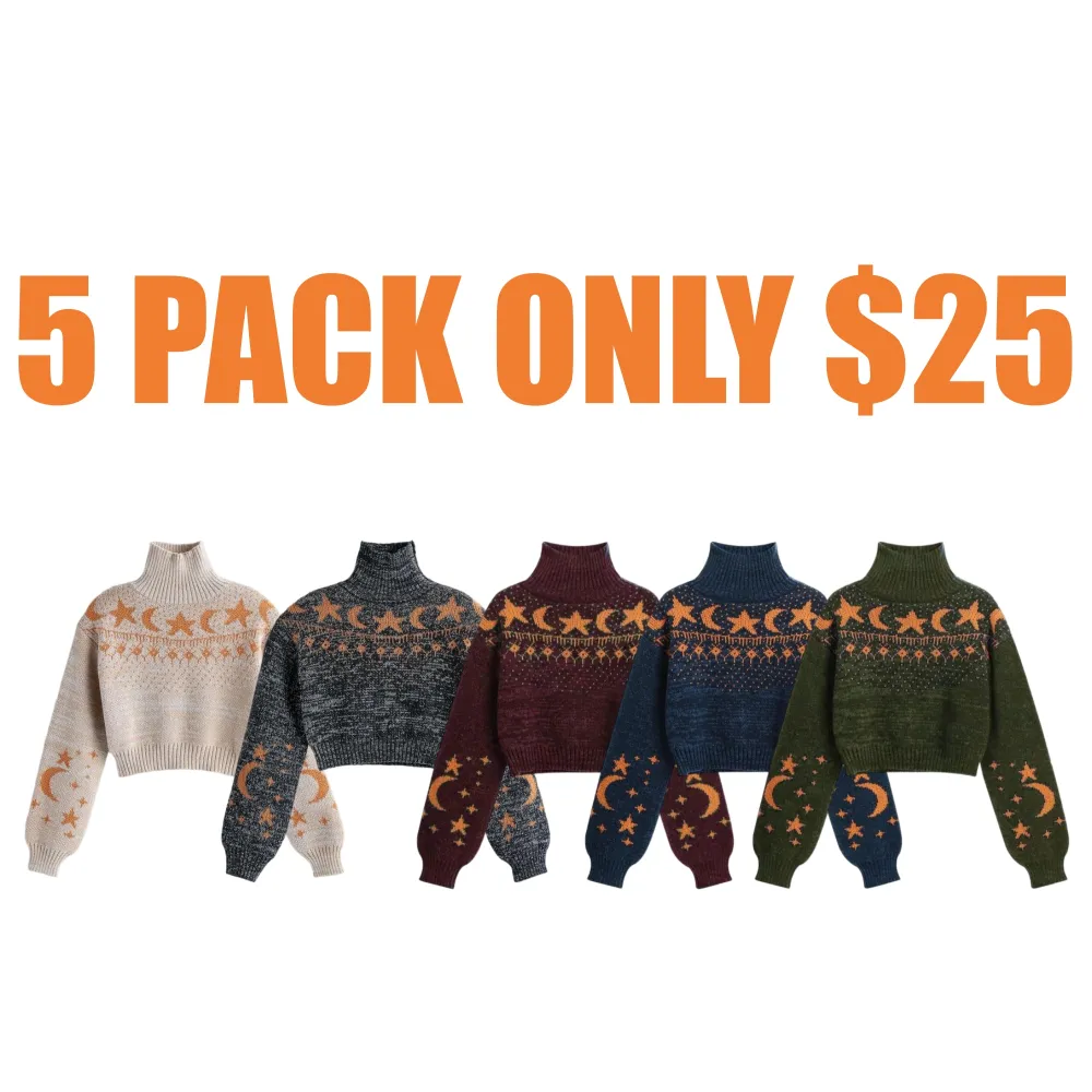 Women's Moon & Star Pattern High Neck Sweater