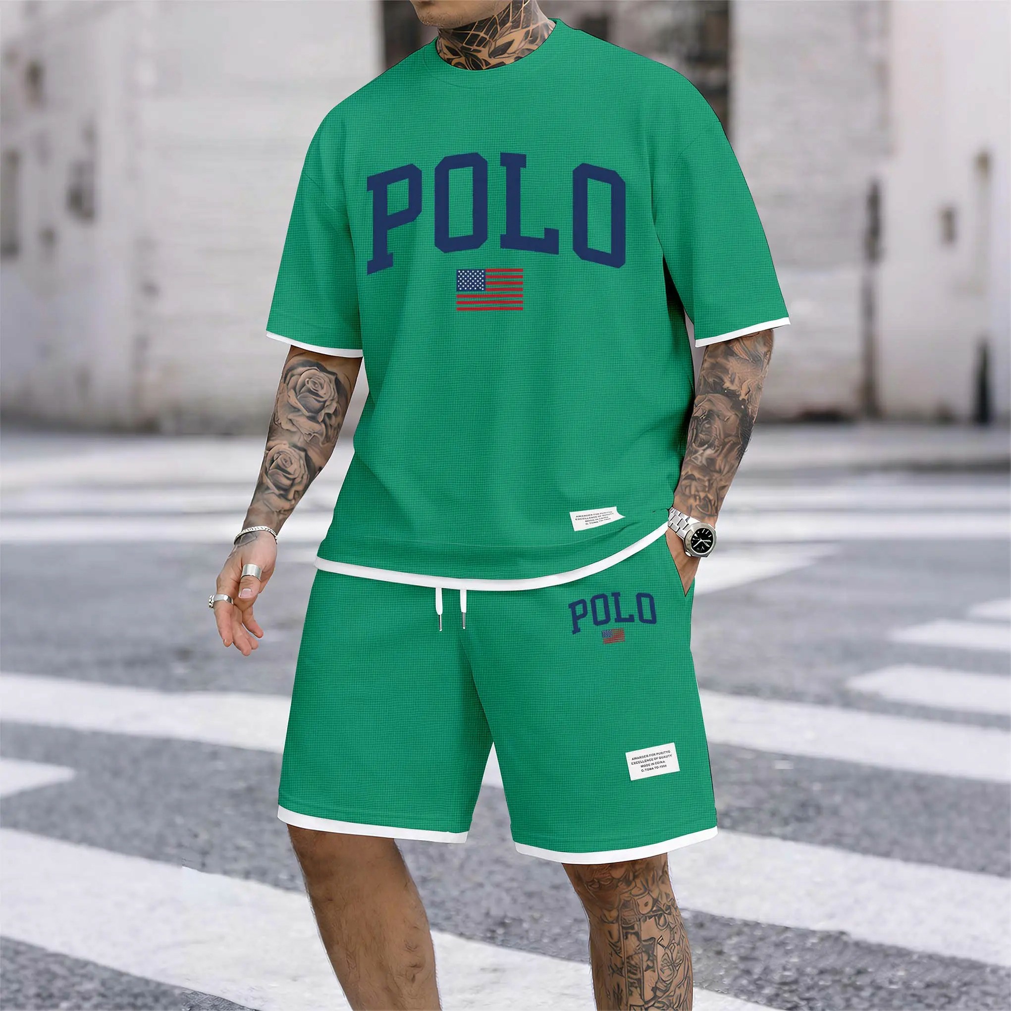 Men’s Printed Polo Shirt & Drawstring Shorts Set – Casual Summer 2-Piece Outfit