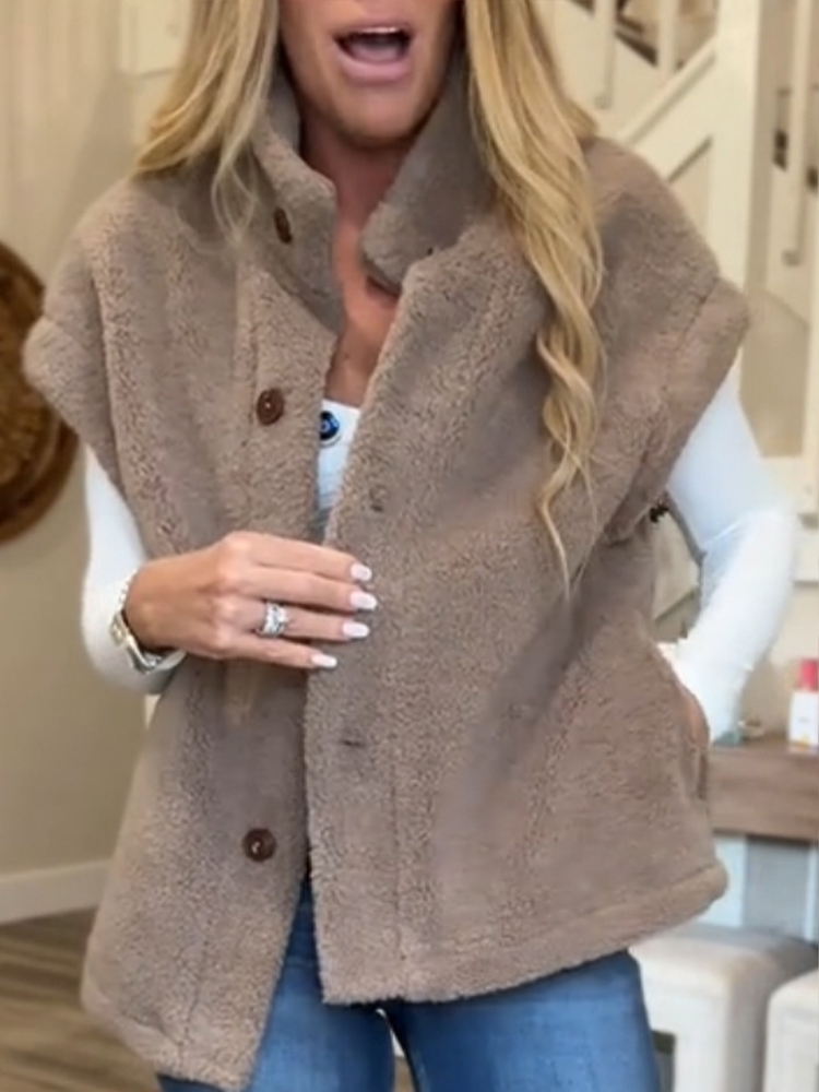 Women Round Neck and Breasted Plush Casual Vest
