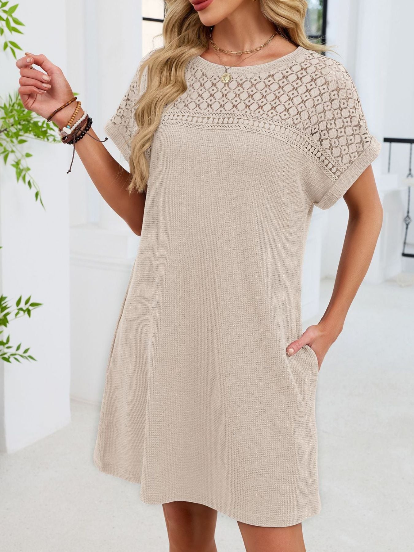 Lace Round Neck Short Sleeve T-Shirt Dress