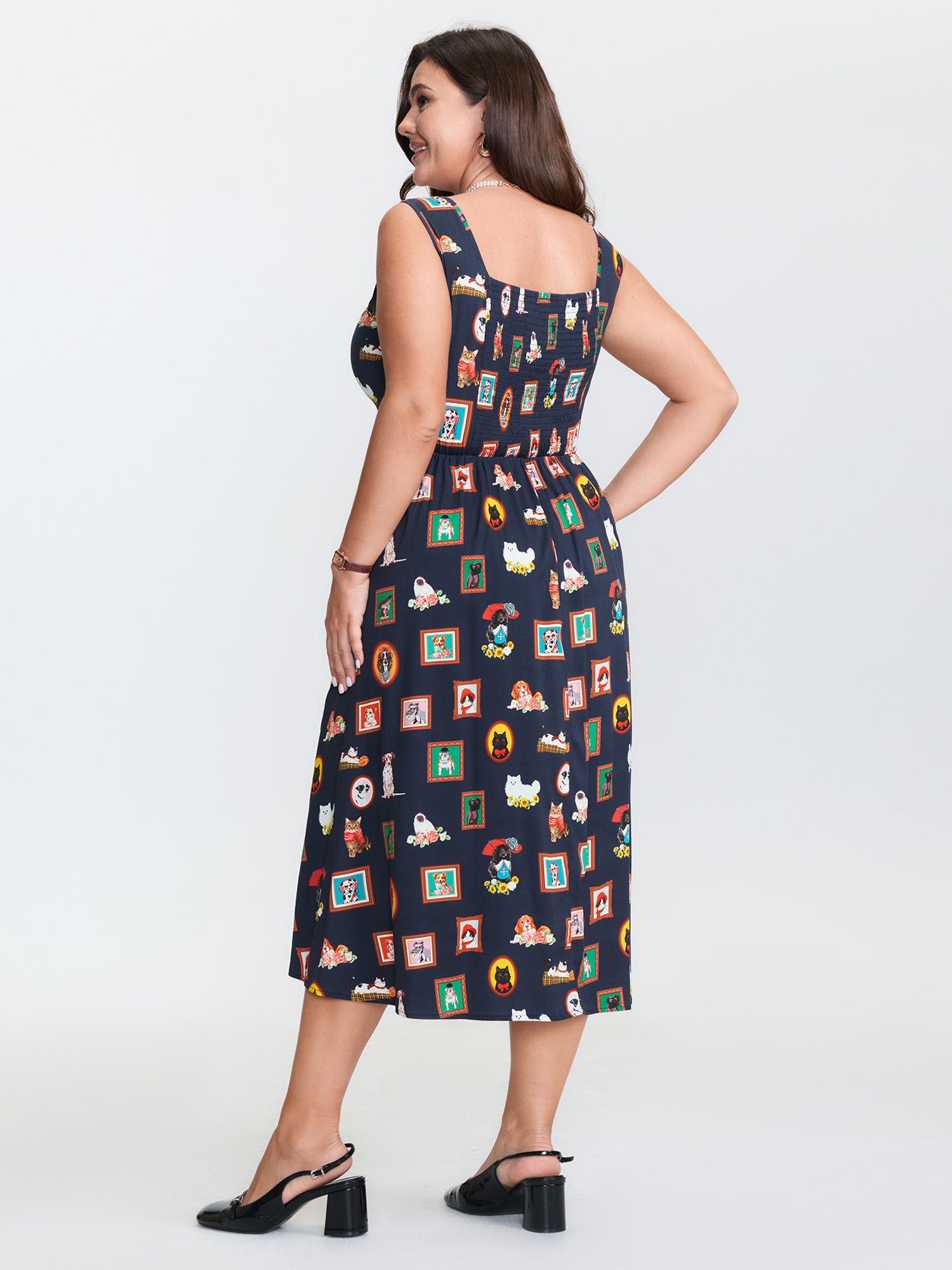 Pet Print Shirred Stretchy Back Midi Dress