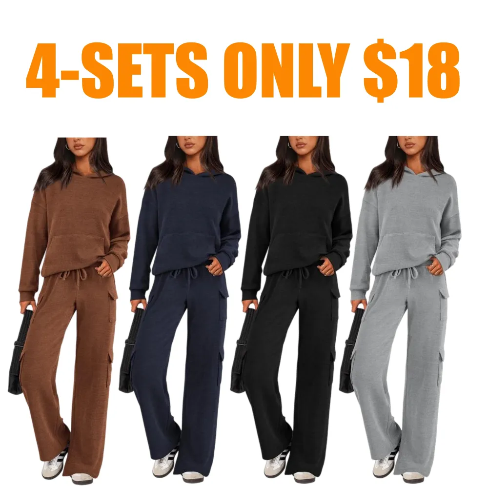 Women’s Casual Knit Tracksuit – Hoodie & Wide Leg Pants with Pockets