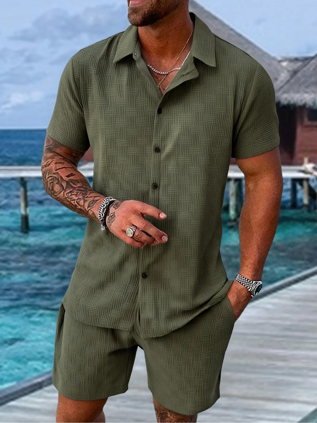 Men's Regular Fit Short Sleeve Pajama Two-piece Set Summer Sleepwear