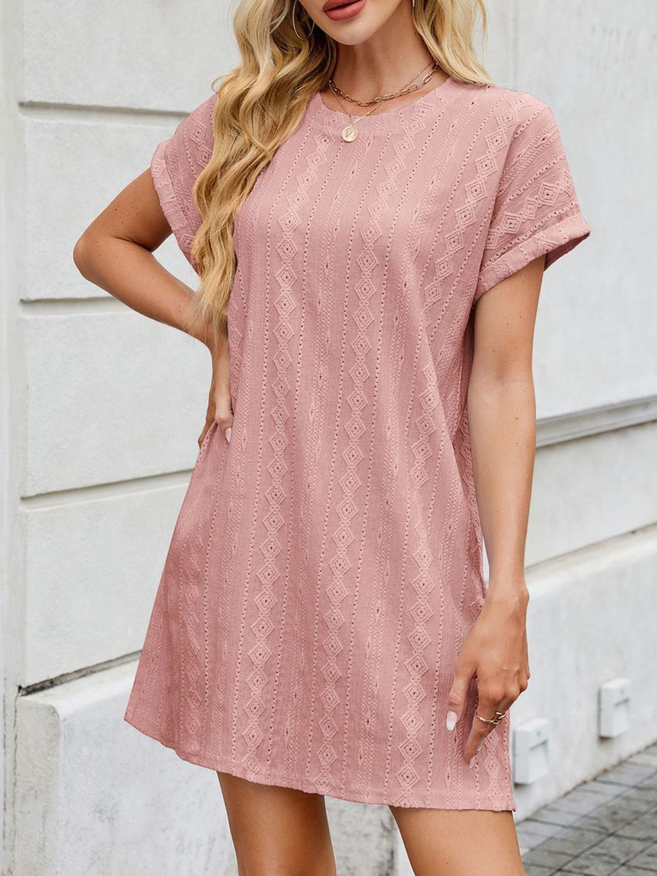 Eyelet Round Neck Casual Mini Dress
