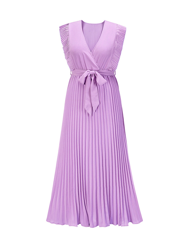 Floral Pleated Solid Color Split-Joint Tied Waist Loose Sleeveless V-Neck Maxi Dresses