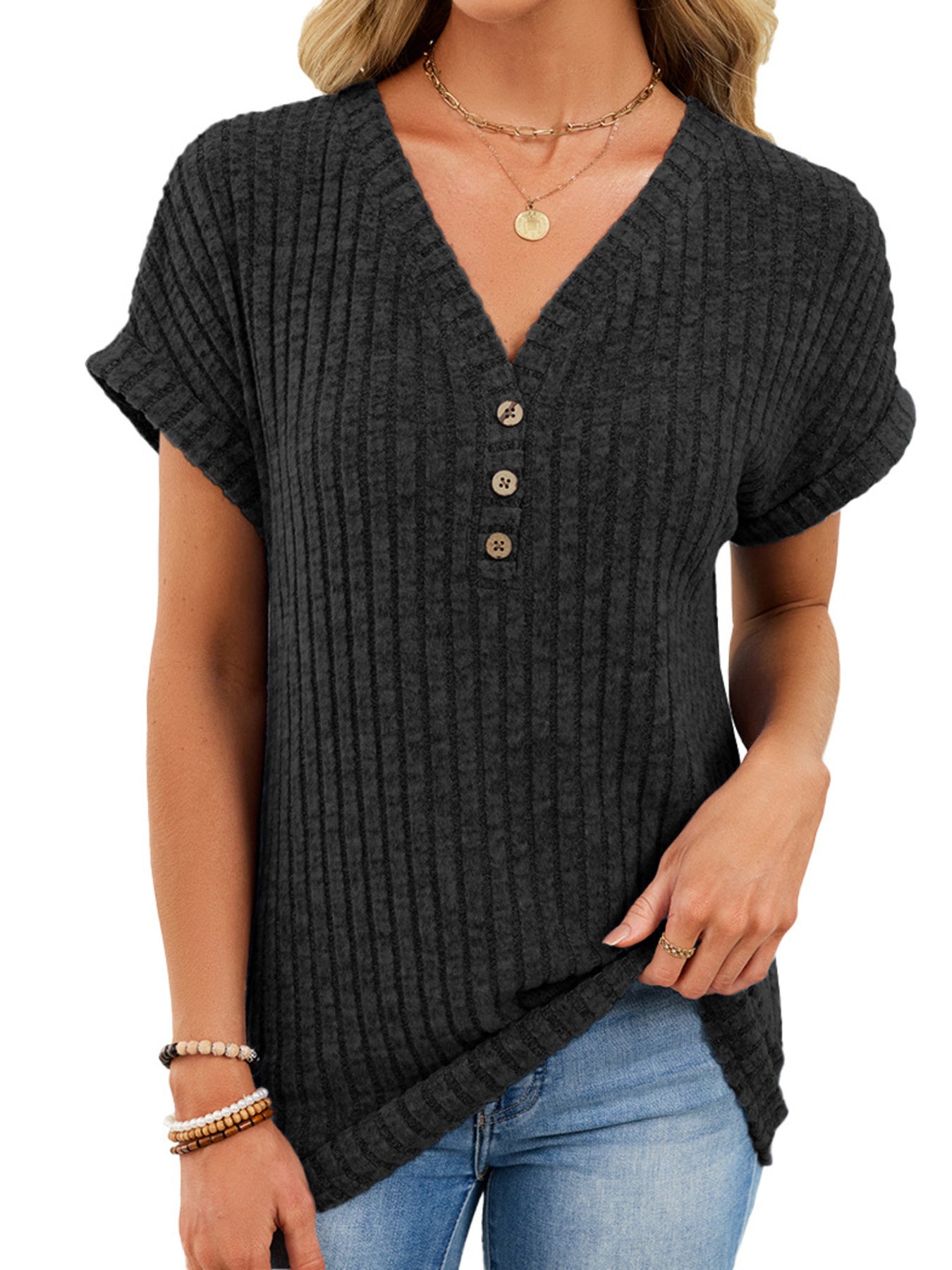 Ribbed Knit V-Neck T-Shirt