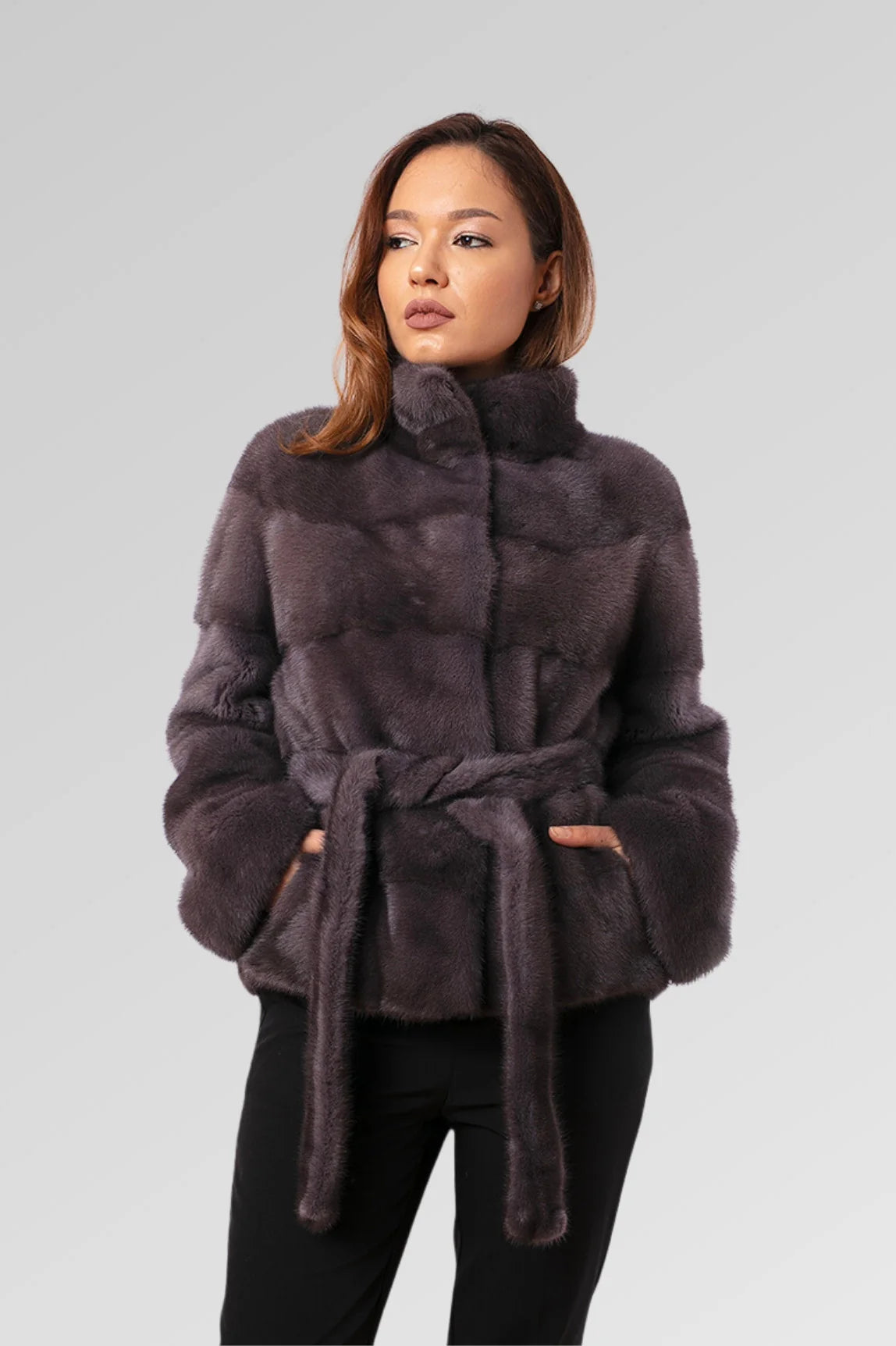 Haină din Blană Naturală de Vizon, cu Cordon, Femei, Graphite 190