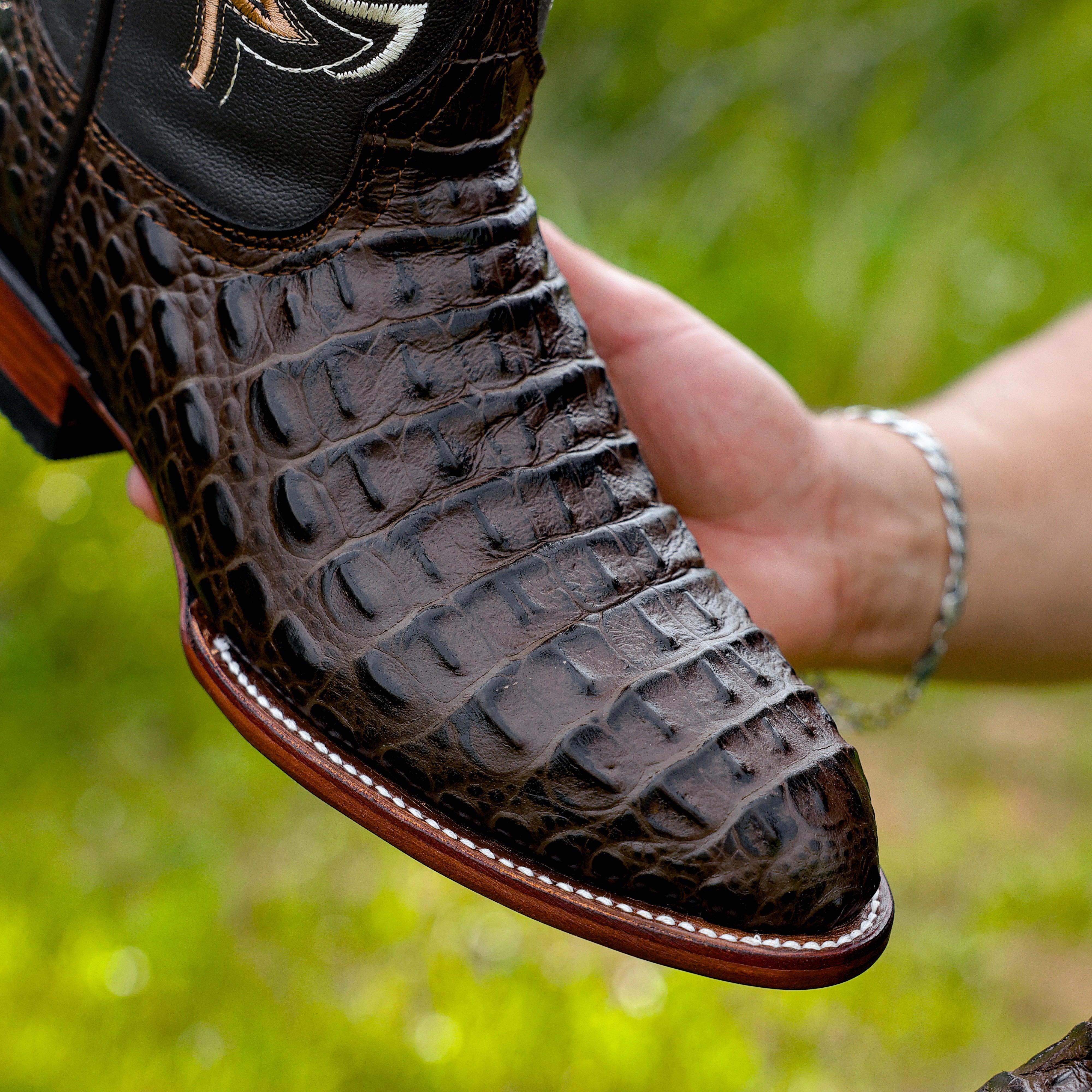 Chocolate Brown Caiman Hornback Leather Boots - Round Toe