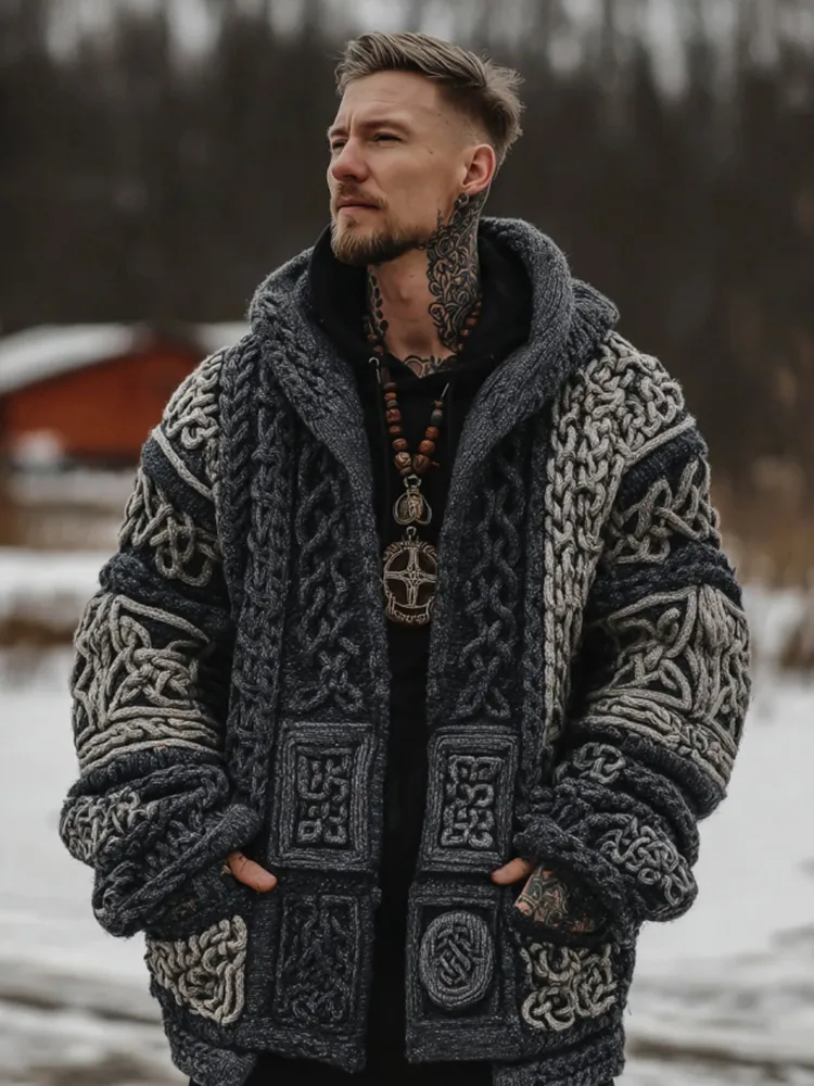 Men's Viking Celtic Knot Contrast Button Cozy Midi Cardigan Sweater