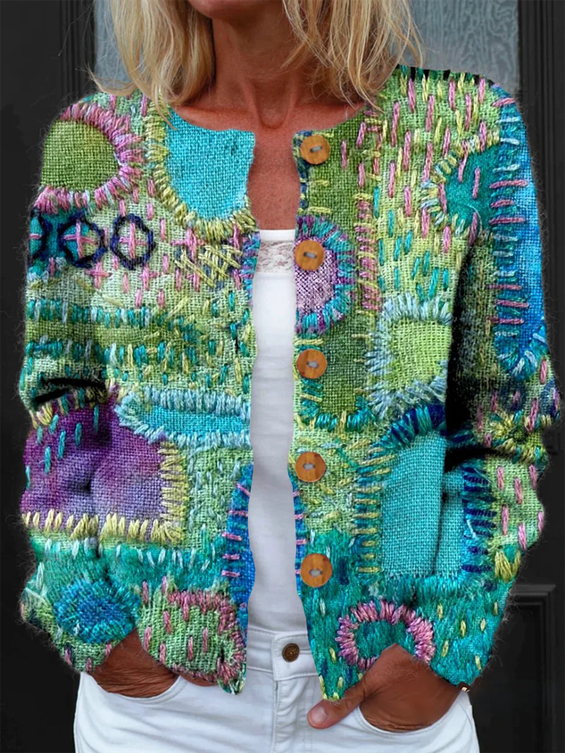 Women Knitted Geometric Long Sleeve Comfy Vintage Cardigan