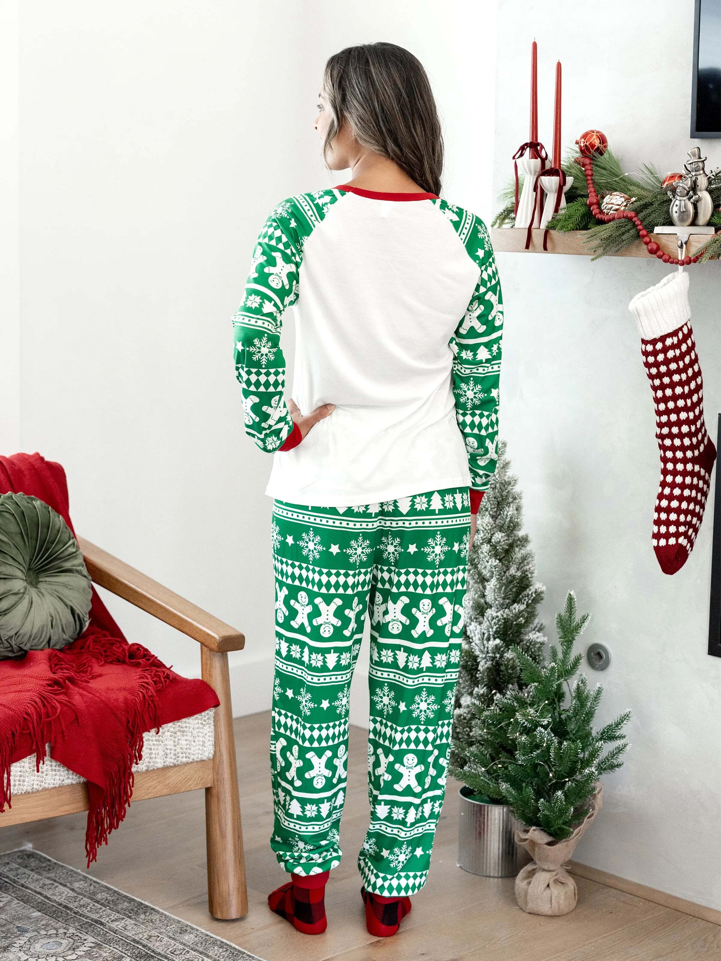 Christmas Matching Family Pajamas Set Gingerbread and Christmas Tree Print Green PJS with Christmas Socks Green