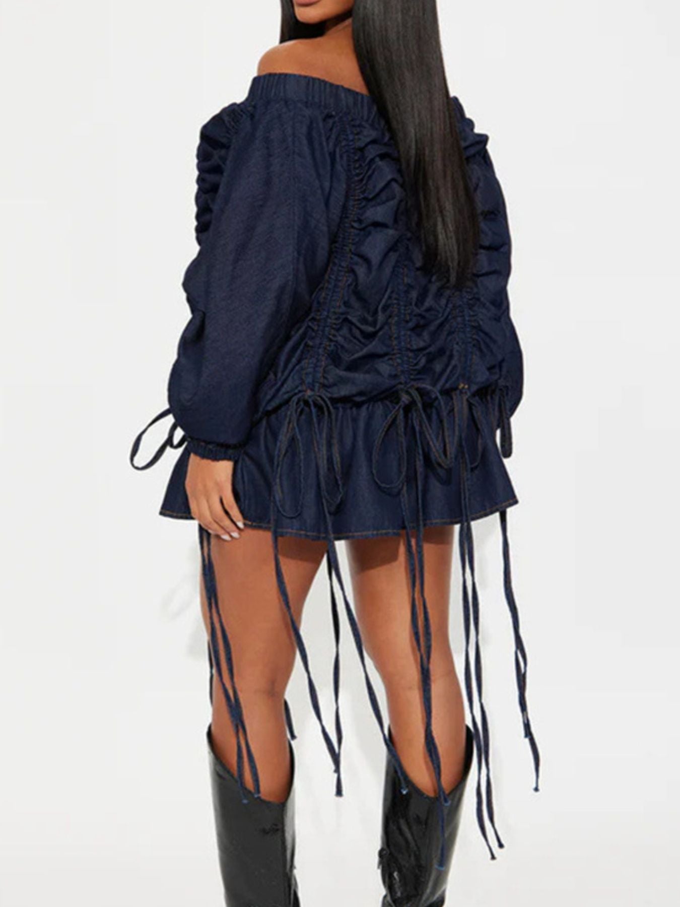 Off-Shoulder Ruched Denim Dress