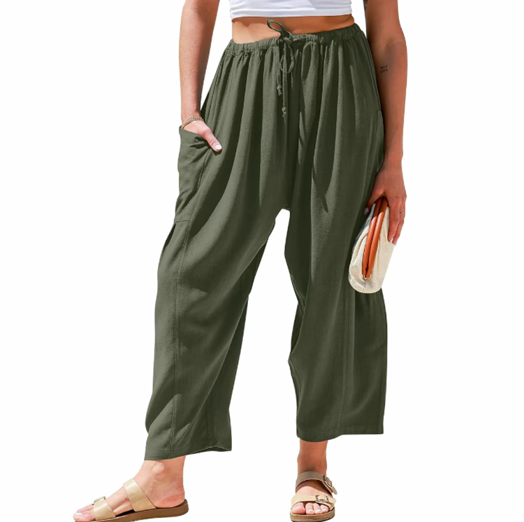Women's Linen Casual Loose Fit Beach Palazzo Harem Trousers with Pockets