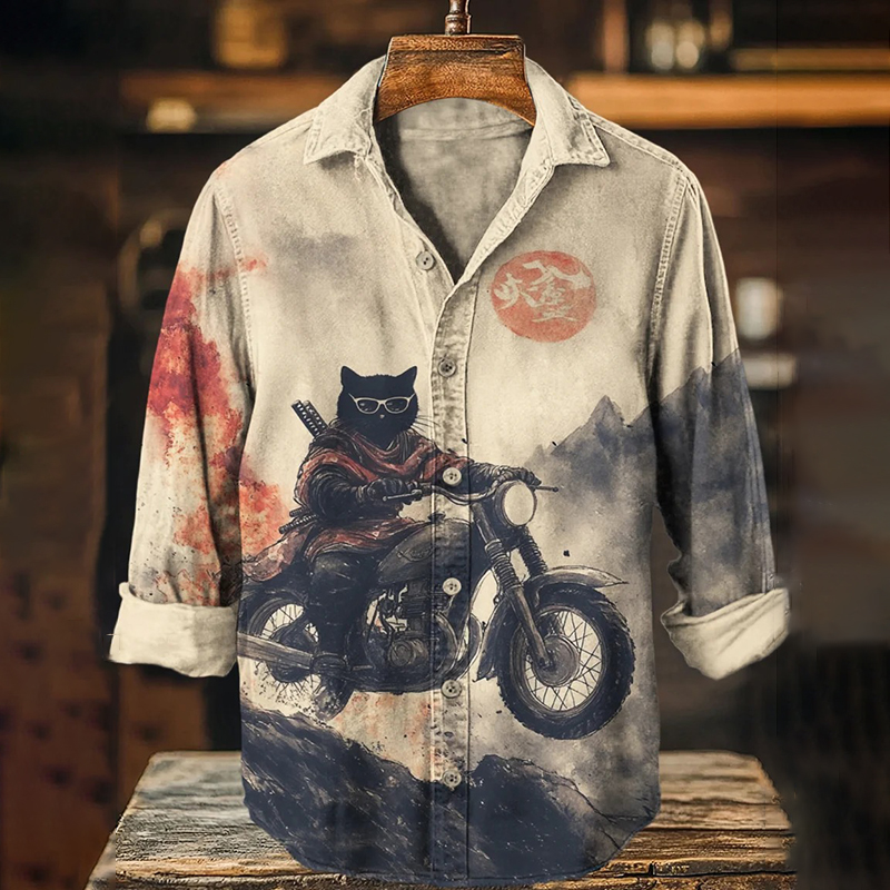 Men's Retro Black Cat On Motorcycle Art Print Long Sleeve Shirt