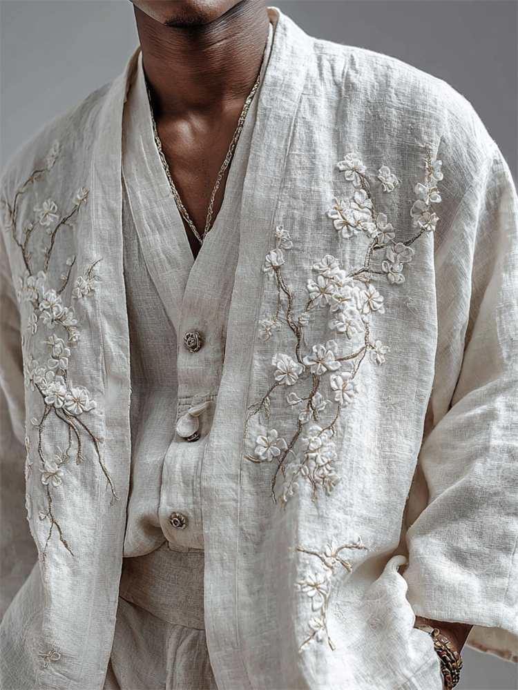 Men's Almond Blossom Fiber Art Linen Kimono Cardigan