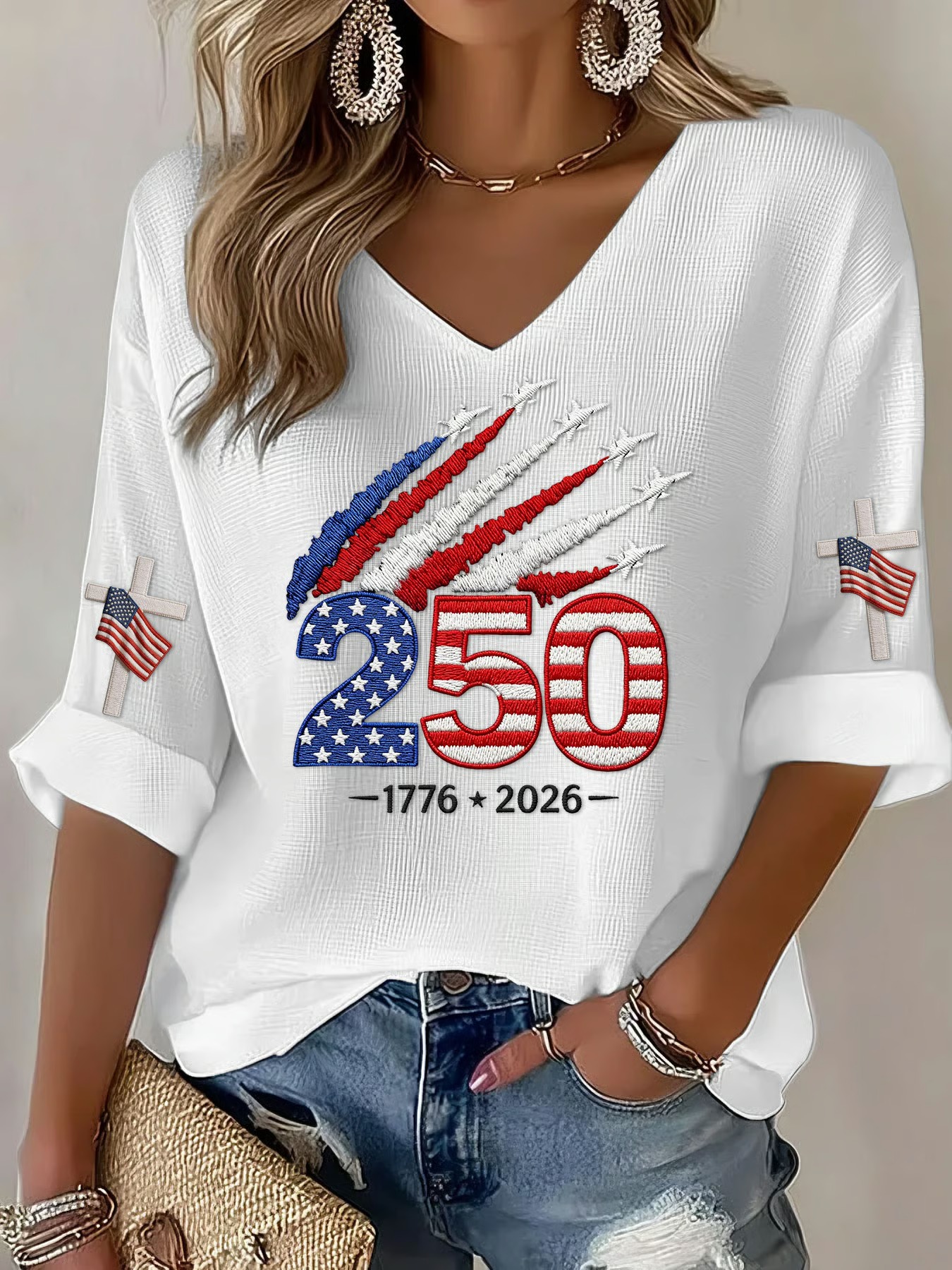 Women'S 250Th Anniversary Printed V-Neck Top For The Founding Of The United States