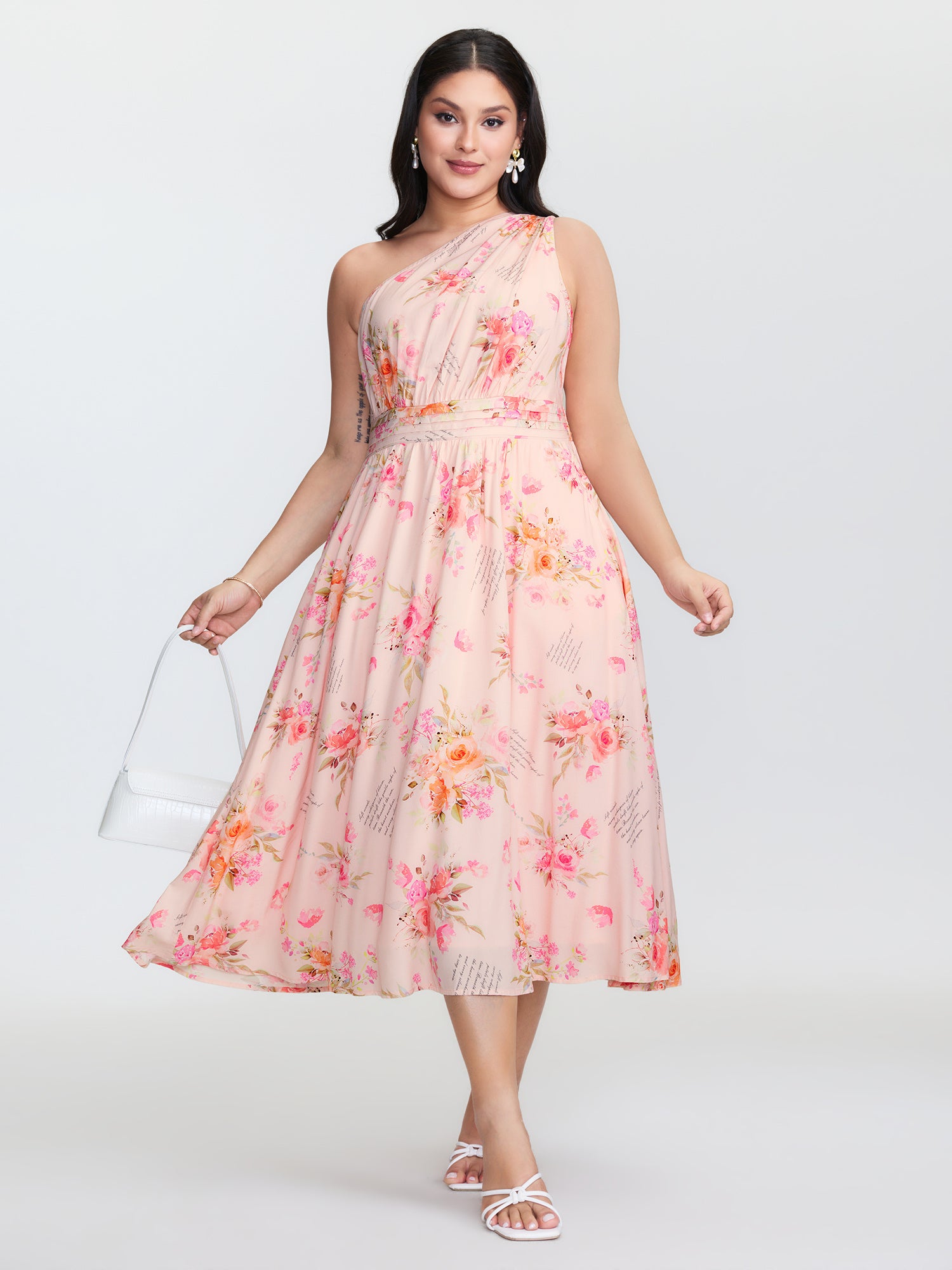 Letter Flower Print Shirred One-Shoulder Midi Dress