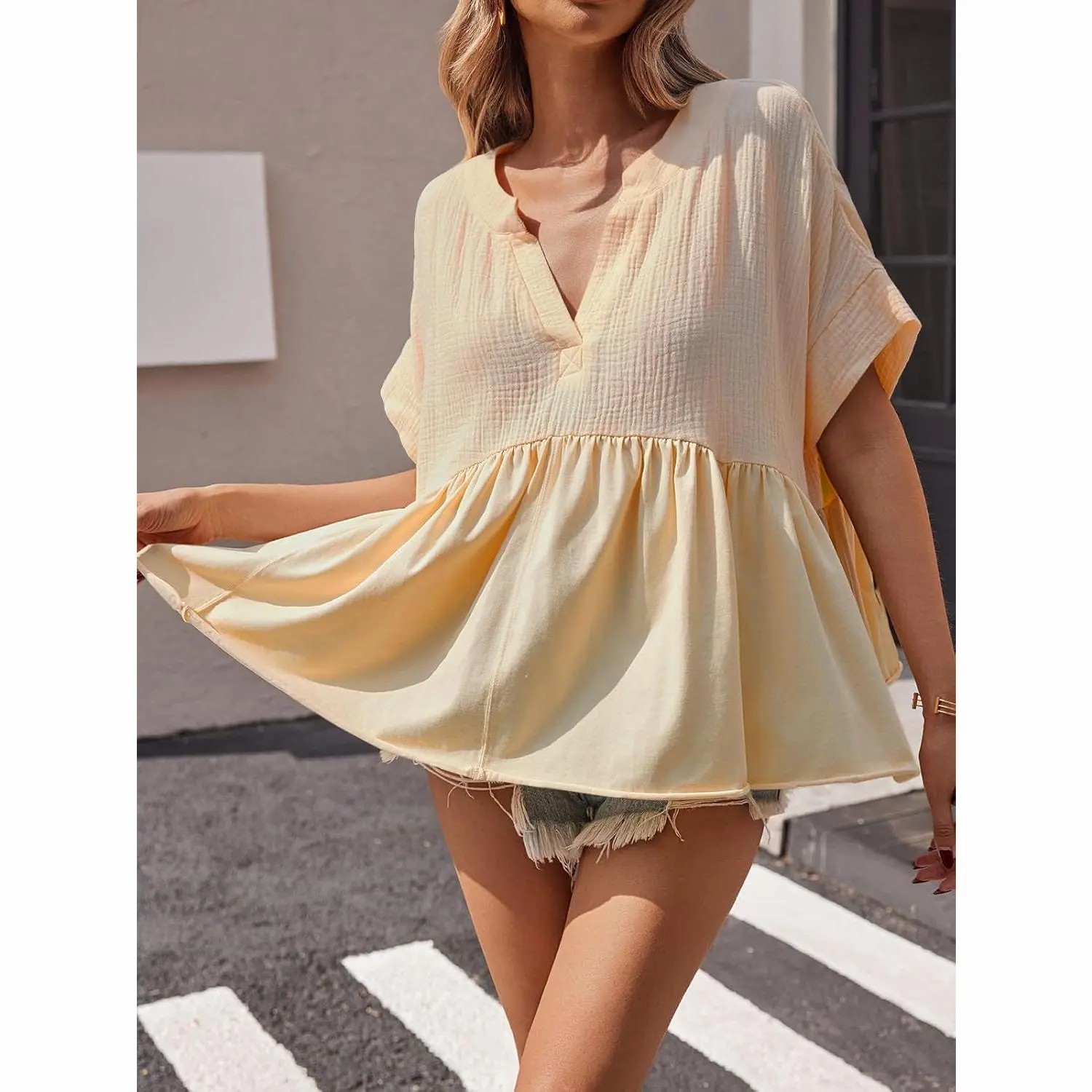 Womens Summer Babydoll Tops V Neck Short Sleeve Pleated Flowy Shirts