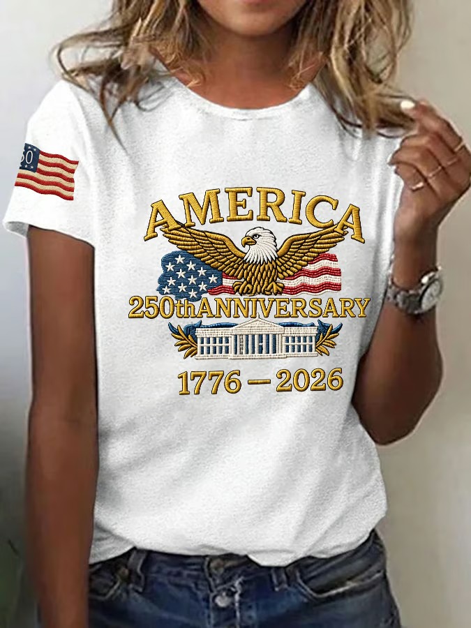 Ladies' 250Th Anniversary Commemorative Printed Round Neck Short Sleeve T-Shirt For American Independence Day