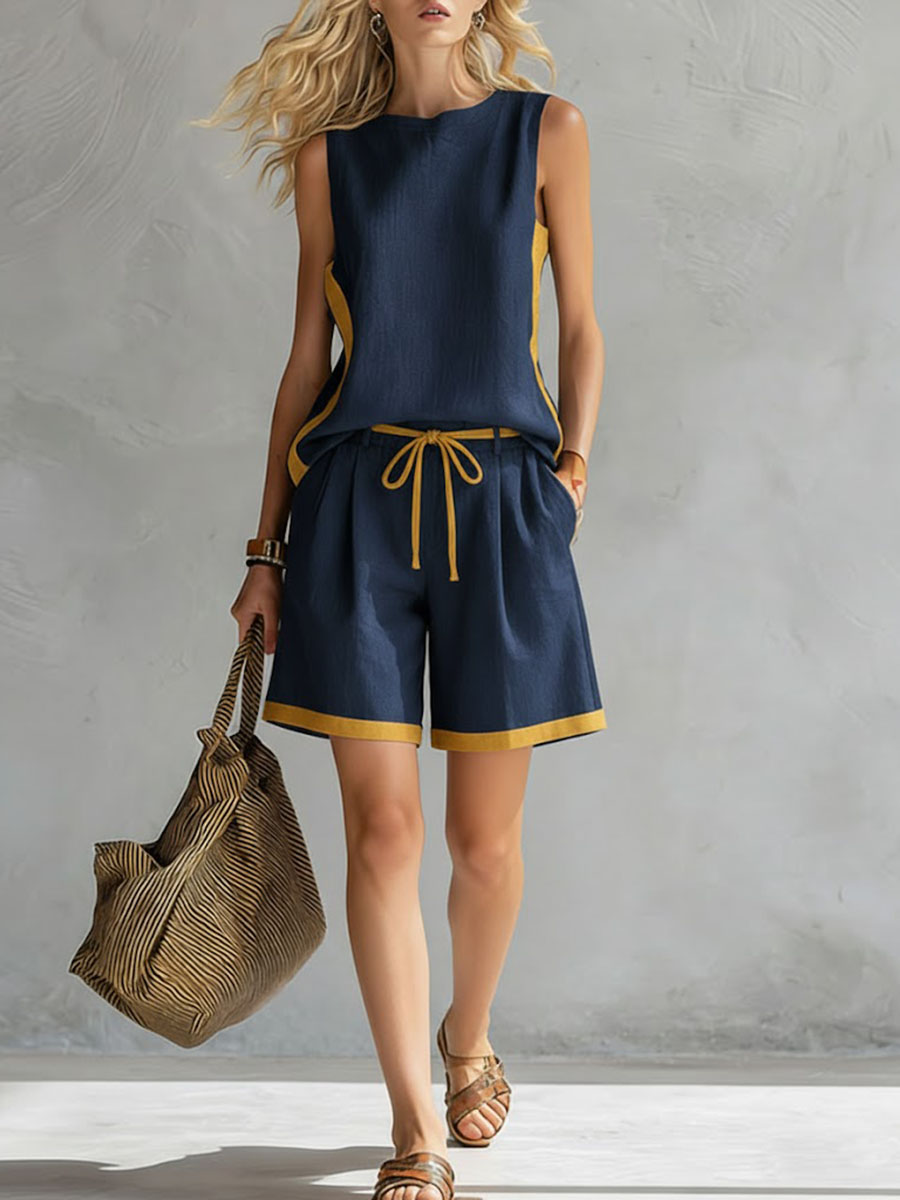 Women's Round Neck Sleeveless Casual Loose Vest And Elastic Waist Casual Loose Shorts Cotton And Linen Set.