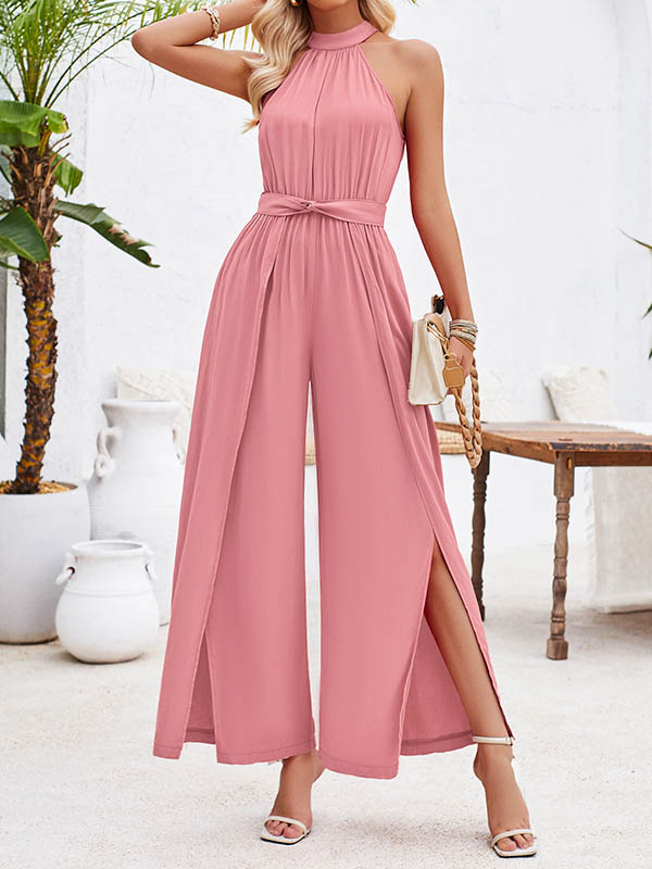 Pleated Solid Color Split-Front Tied Waist High Waisted Loose Halter-Neck Jumpsuits