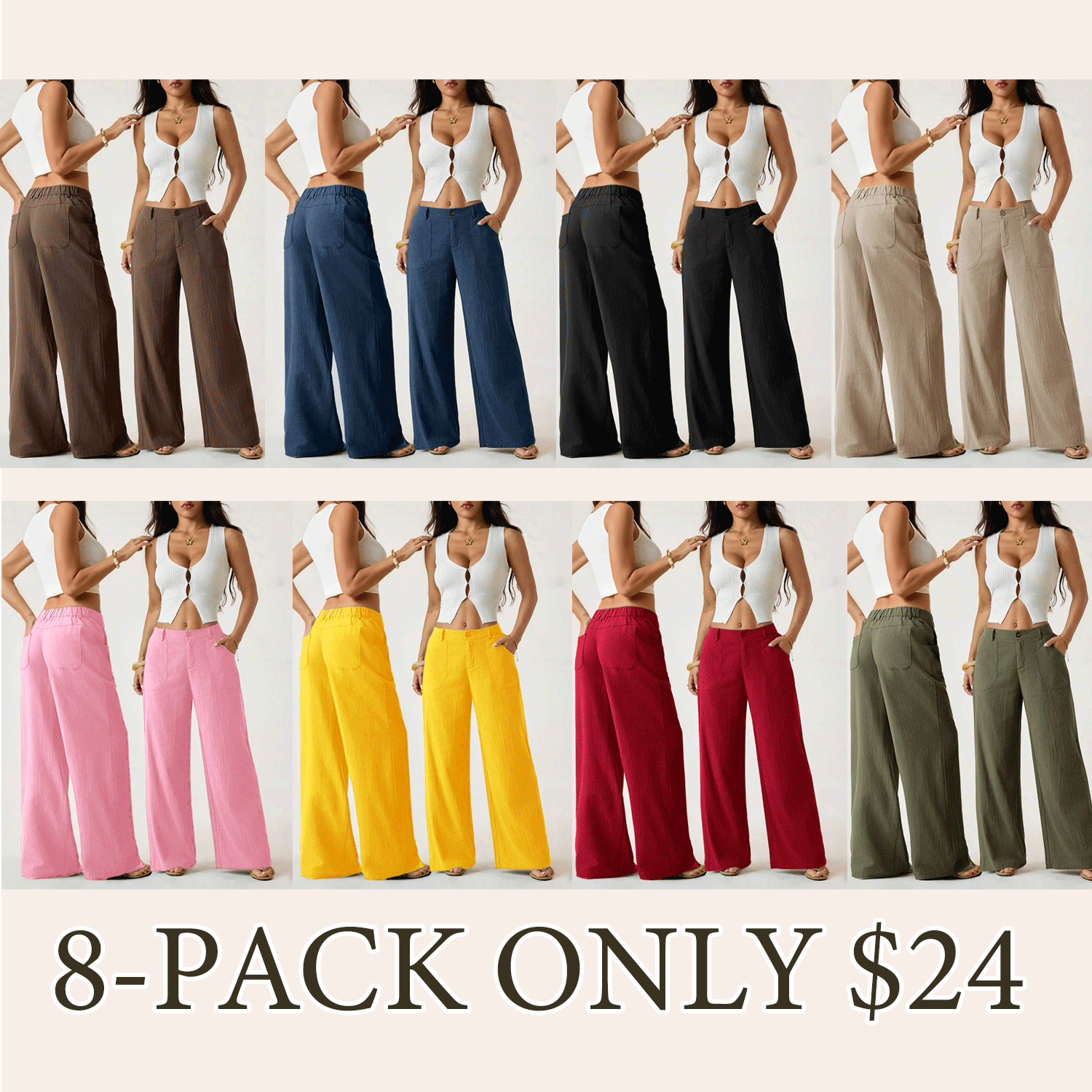 Women's Classical Linen Palazzo Pants Summer Flowy Wide Straight Leg Beach Trousers With Pocket