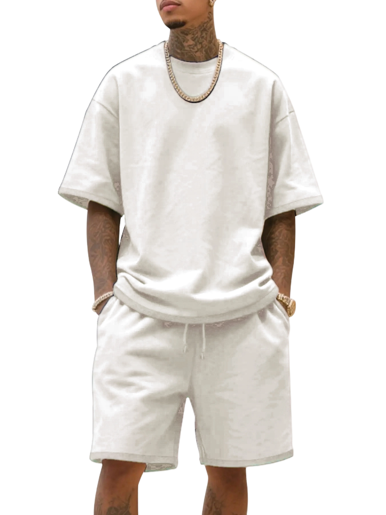 Men's Summer Casual Set, Pure Color Round Neck Short Sleeve Knit Tee & Shorts, Classic Loose Fit Sportswear