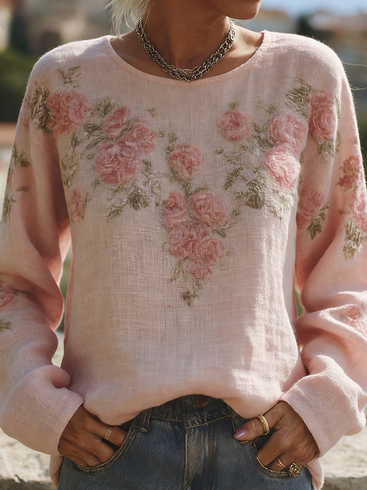 Vintage Boho Roses Pattern Round Neck Cozy Linen Tunic