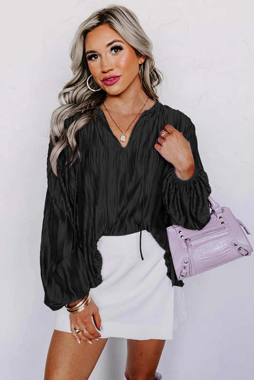 Textured Bubble Sleeve V Neck Loose Blouse