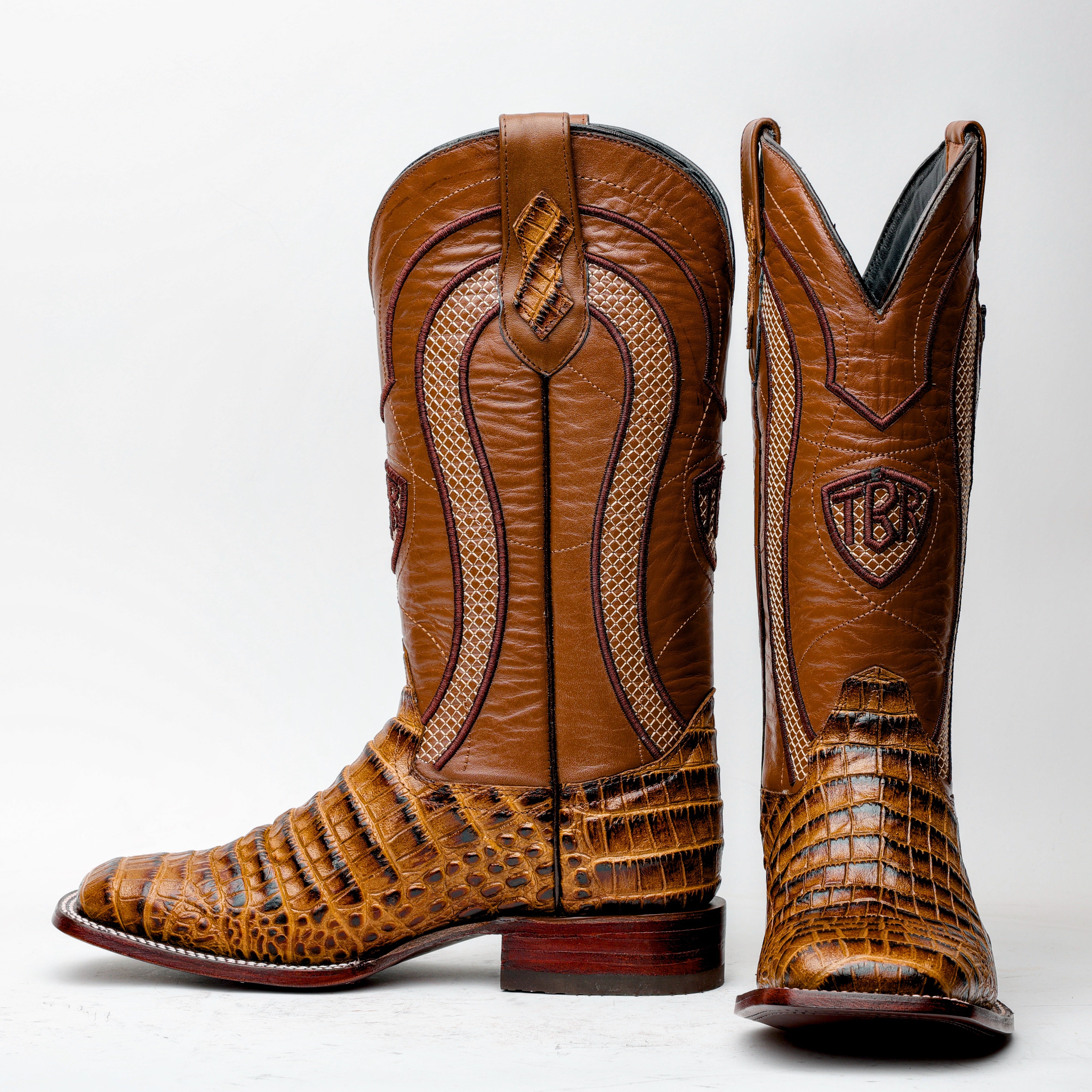 Honey Caiman Belly Leather Boots - Square Toe