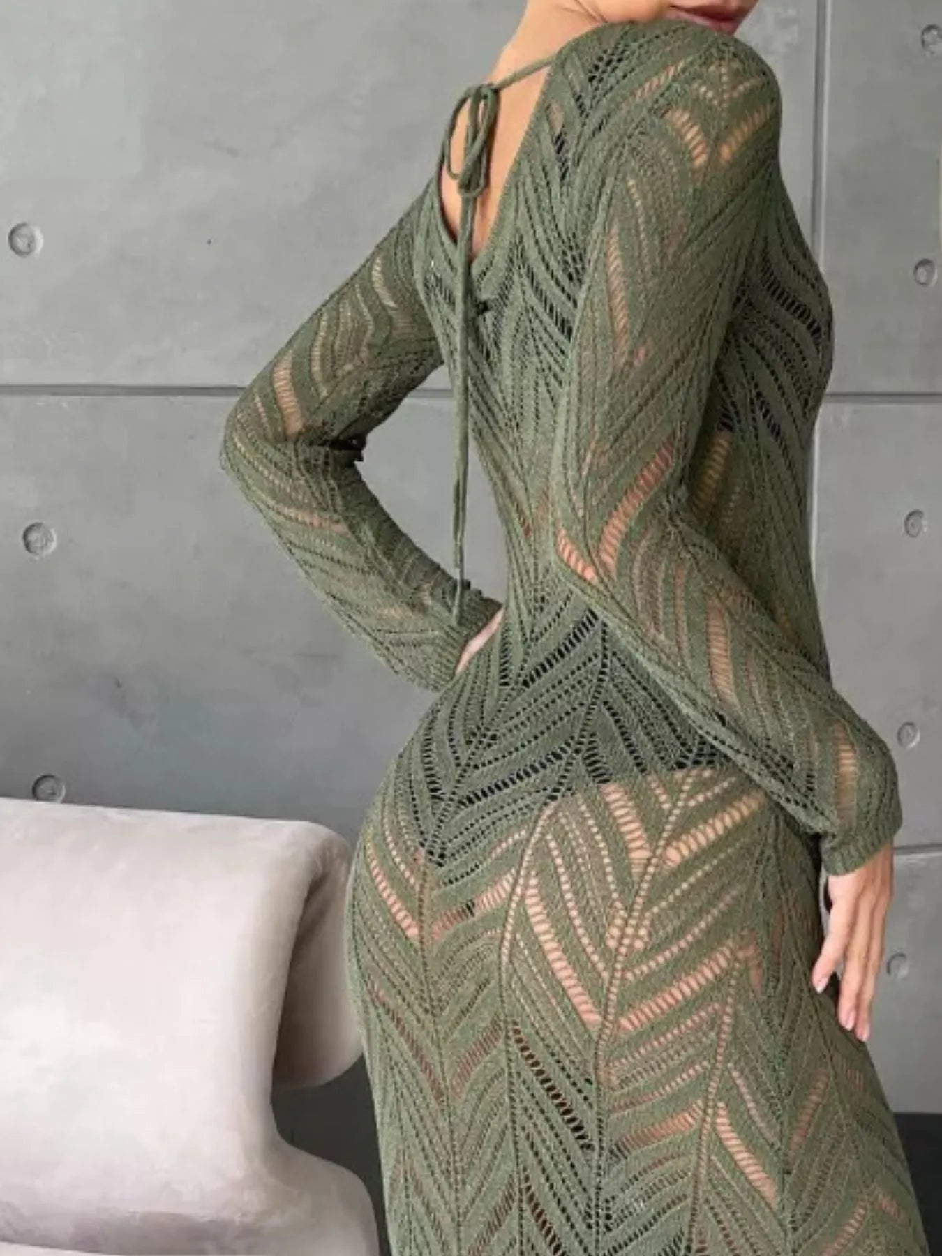 Openwork Long Sleeve Knit Cover Up Dress