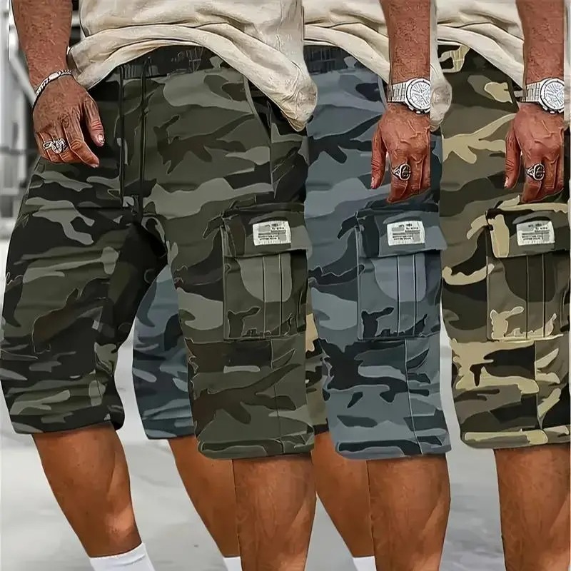 Camouflage Twill Pocket Shorts Men's Casual Khaki Green Black Trousers Suitable For Daily Wear Outfit