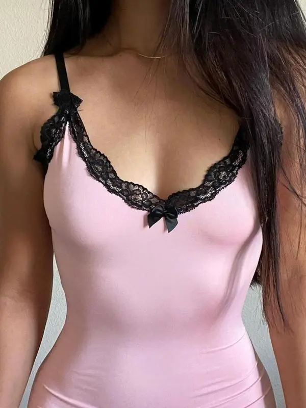 Women's Colorblock Contrast Lace Bow Decor Split Hem Cami Dress