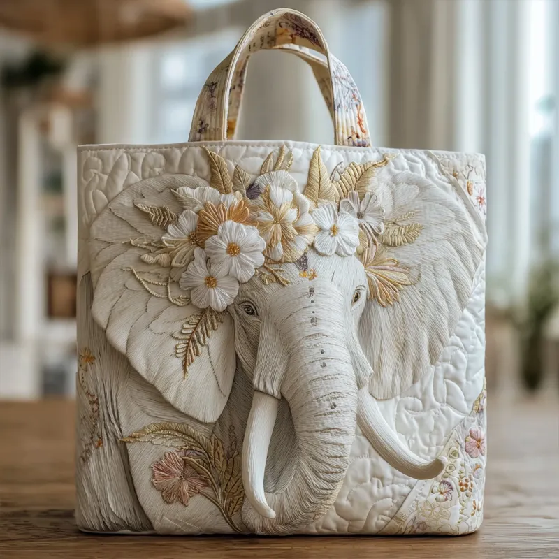 Grace of the Ivory Meadow Quilted Tote ✨🐘🌼