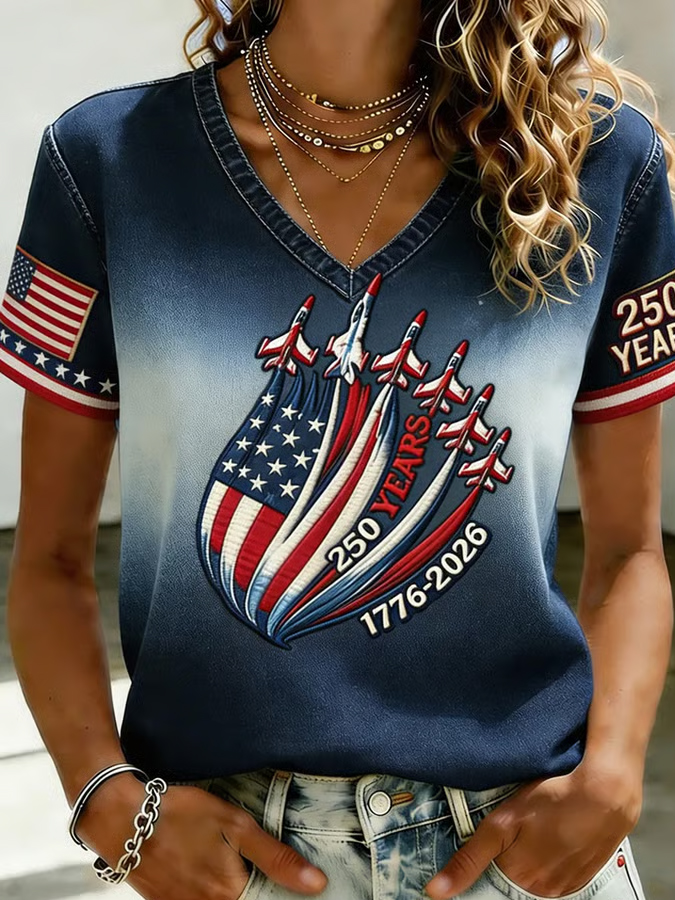 Women'S V-Neck American 250 Celebration Printed T-Shirt