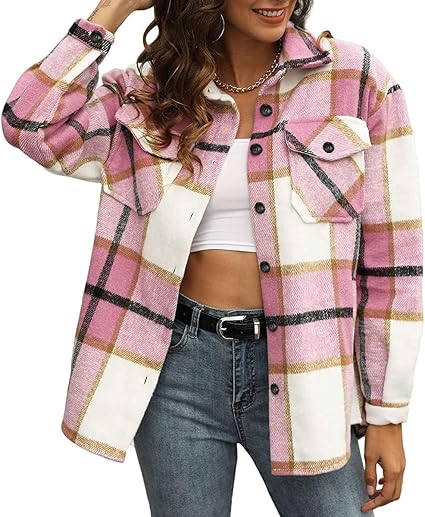 Plus Size Plaid Flannel Shacket – Long Sleeve Button-Down Jacket for Fall & Winter