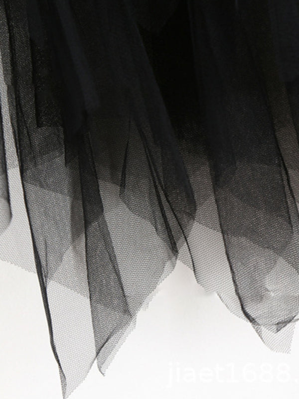 Fairy Mesh Splicing Solid Color High Waist Midi Skirt