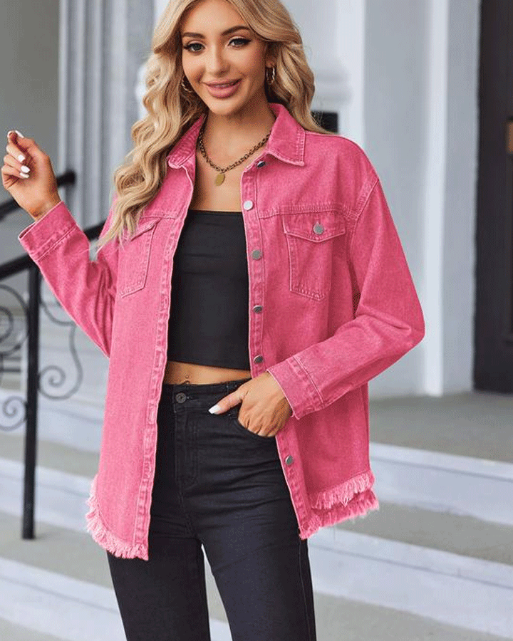 Jean Jackets for Women Ripped Fringe Denim Jean Jacket