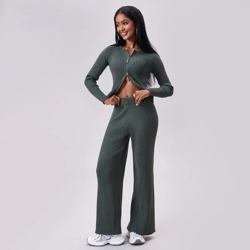 Women's Comfy Solid Color Ribbed Zip-Up Sweater & Wide Leg Trousers Co-ord