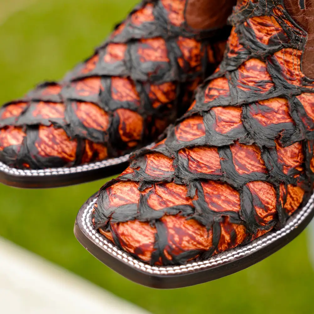 JUMBO Cognac Pirarucu Leather Boots - Square Toe