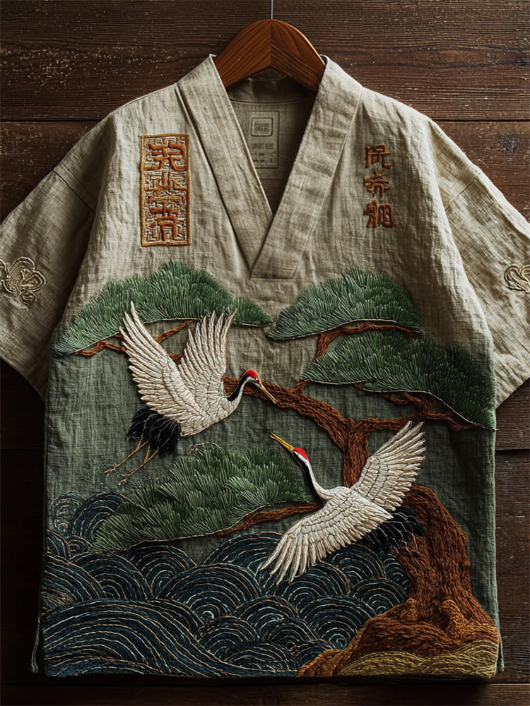 Japanese Cranes & Pine Tree Over Sea Waves Embroidered Linen Shirt
