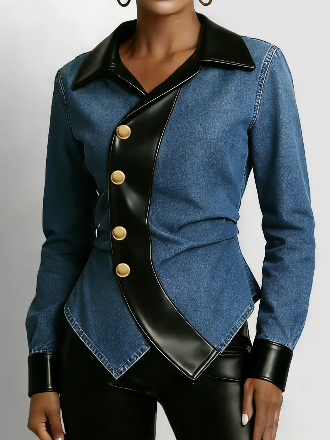 Elegant Leather-paneled Metal Buttons Denim Jacket
