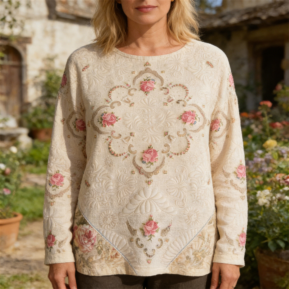 Vintage Floral Art Pattern Women's Linen Long Sleeve Shirt