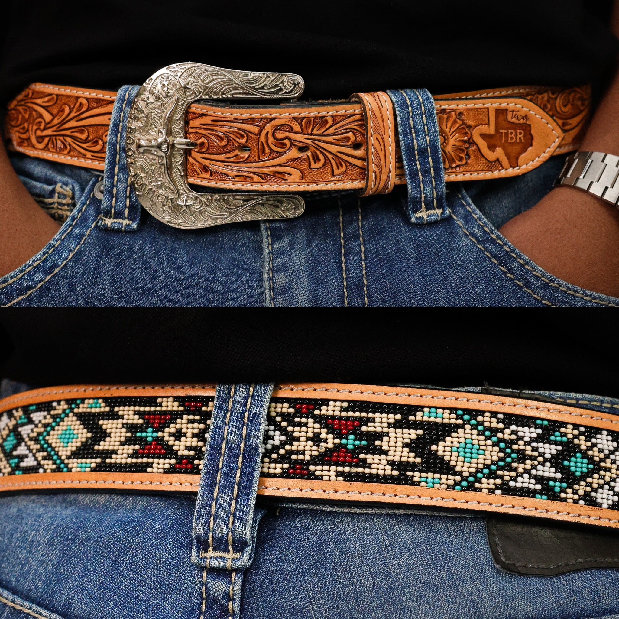 Hand-Tooled Artesanal Beaded Leather Belt